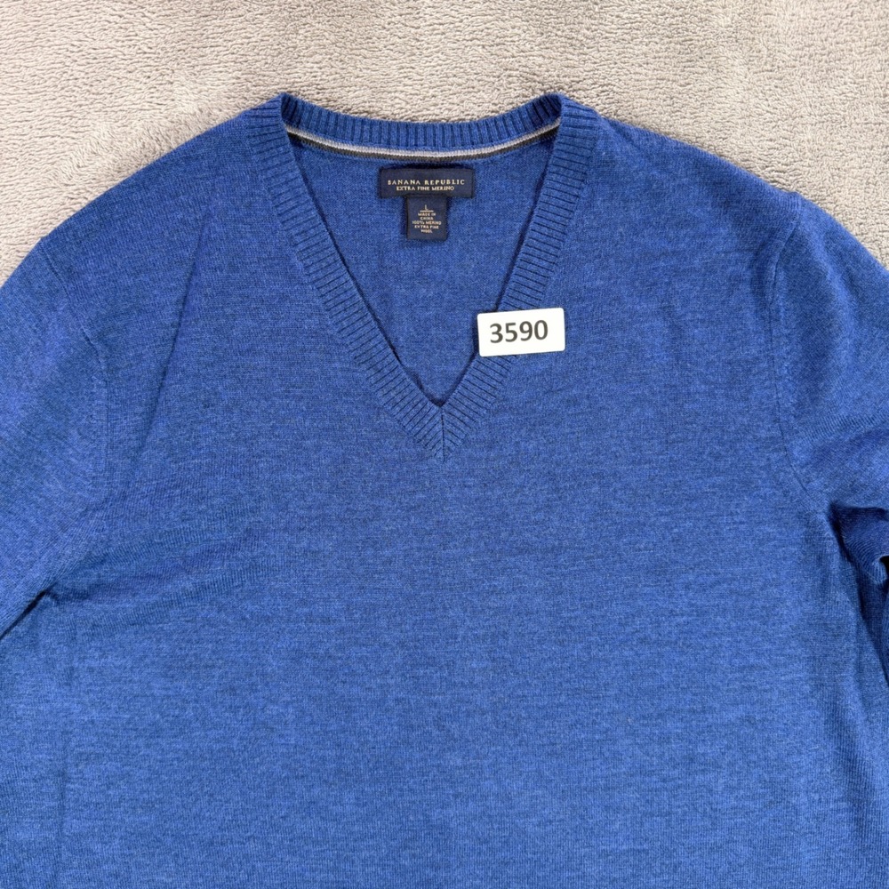 Banana Republic Sweater Mens Large Blue Extra Fine Merino Wool V-Neck 769350-03